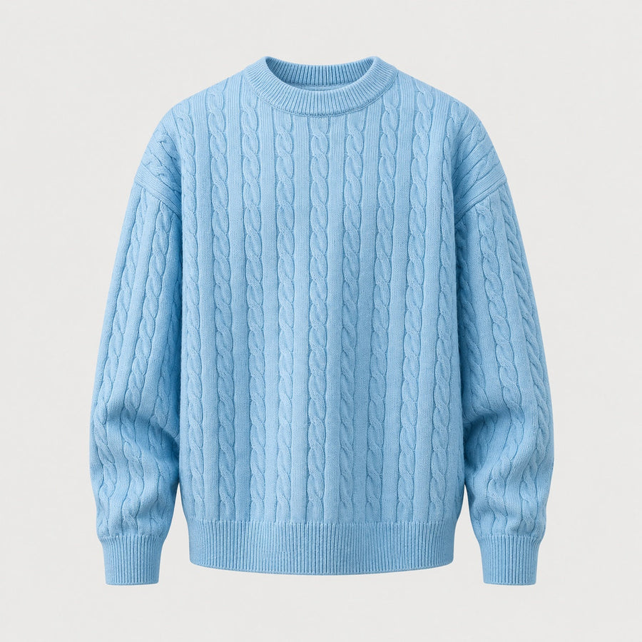 Men's cable knit crew neck jumper in Light Blue | Oddington – front view