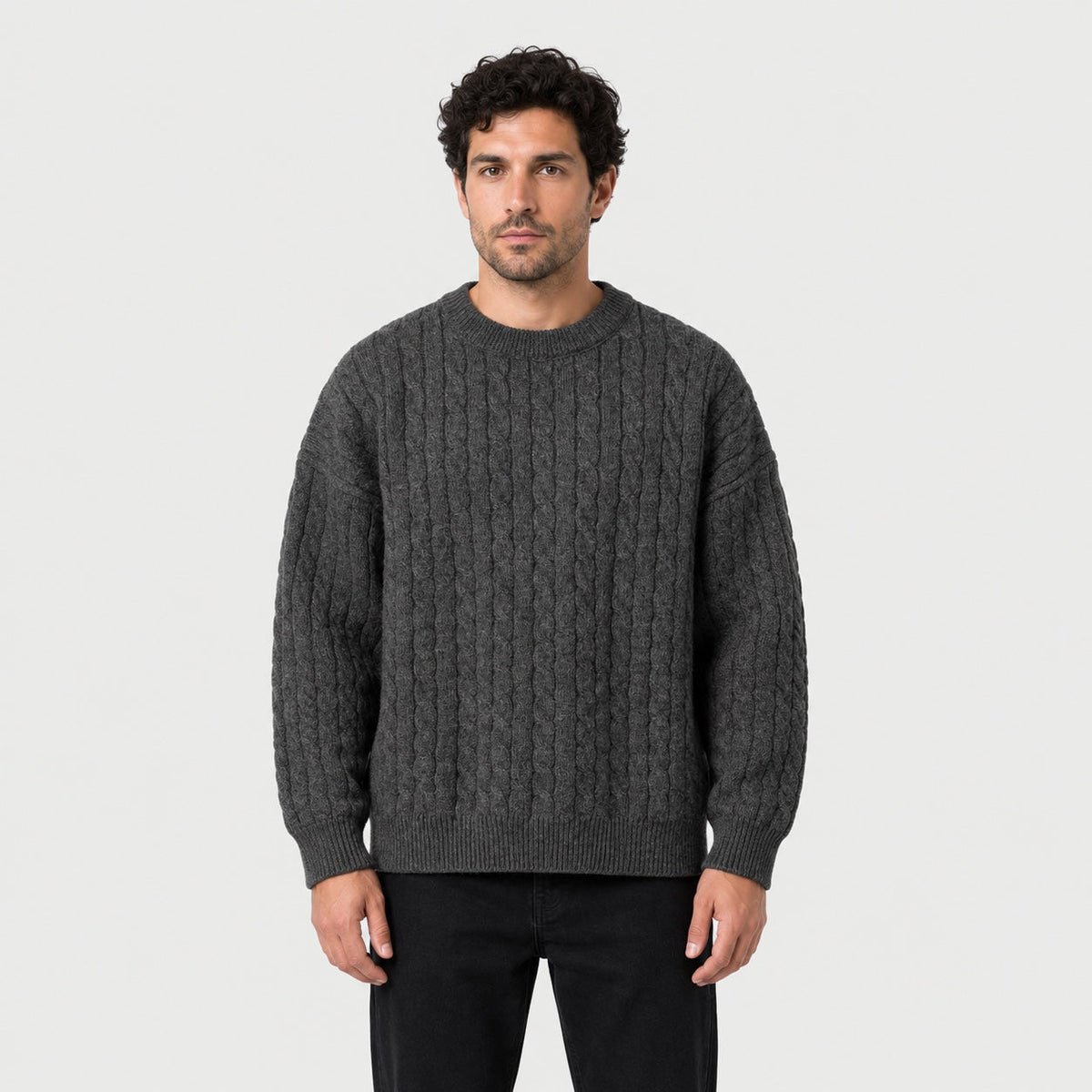 Men's cable knit crew neck jumper in Charcoal | Oddington – front view