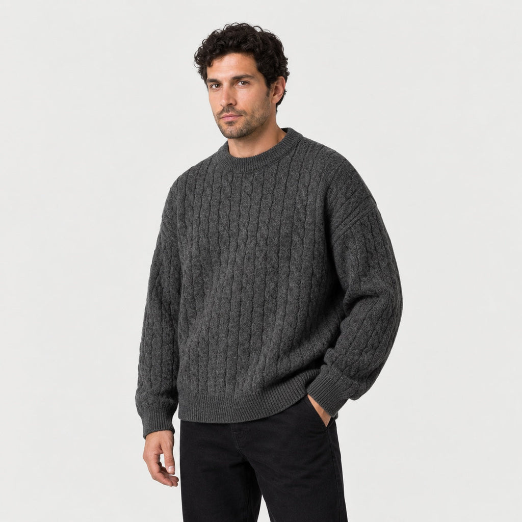 Men's cable knit crew neck jumper in Charcoal | Oddington – side view