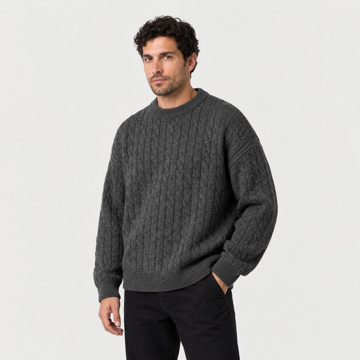 Men's cable knit crew neck jumper in Charcoal | Oddington – side view