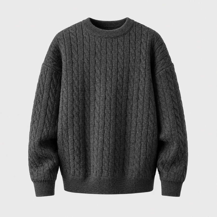 Men's cable knit crew neck jumper in Charcoal | Oddington – front view