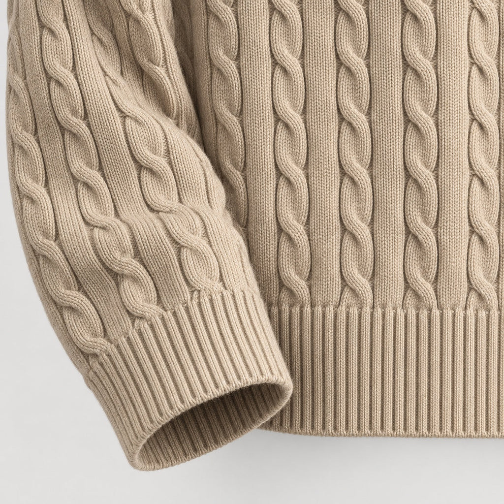 Men's cable knit crew neck jumper in Sand | Oddington – detail view