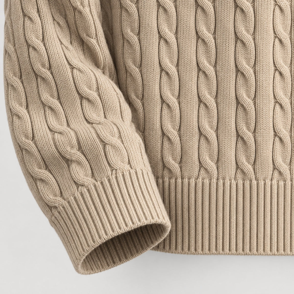Men's cable knit crew neck jumper in Sand | Oddington – detail view
