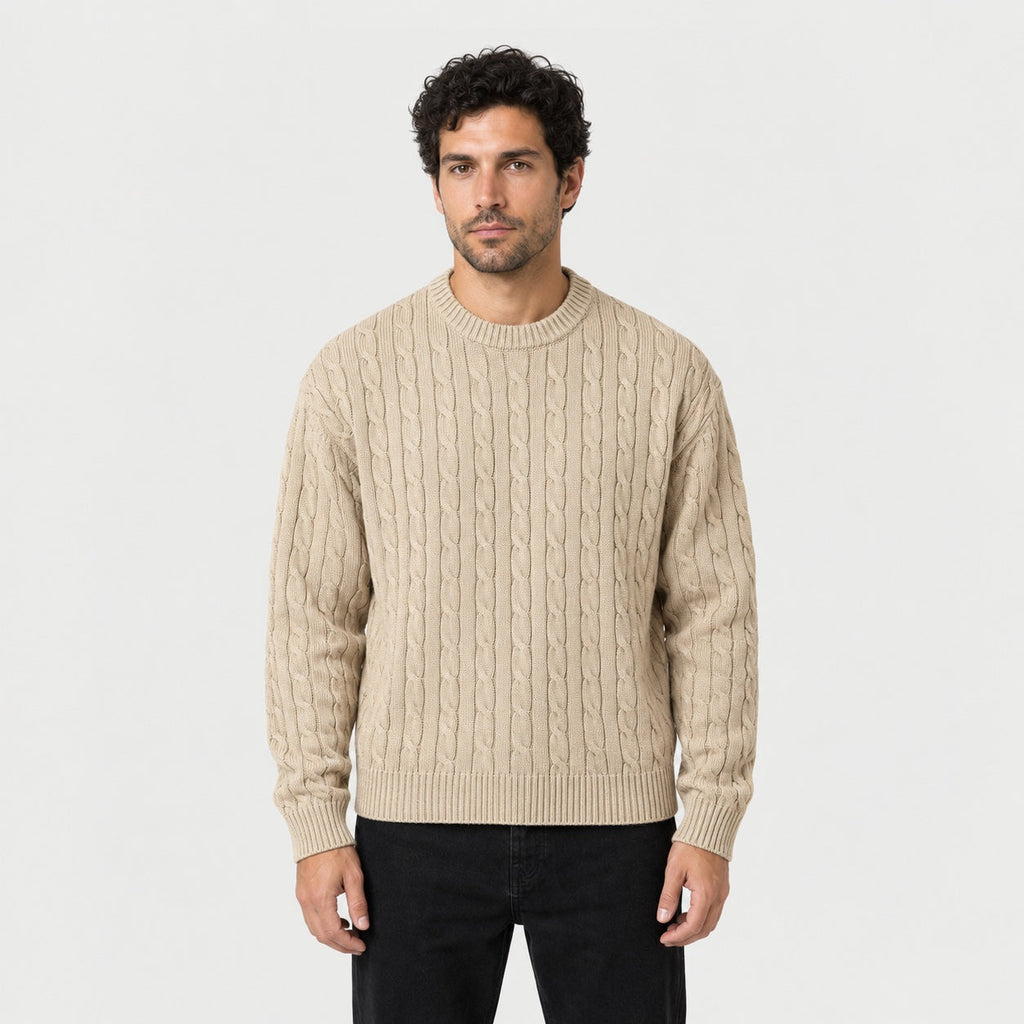 Men's cable knit crew neck jumper in Sand | Oddington – front view