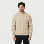 Men's cable knit crew neck jumper in Sand | Oddington – front view