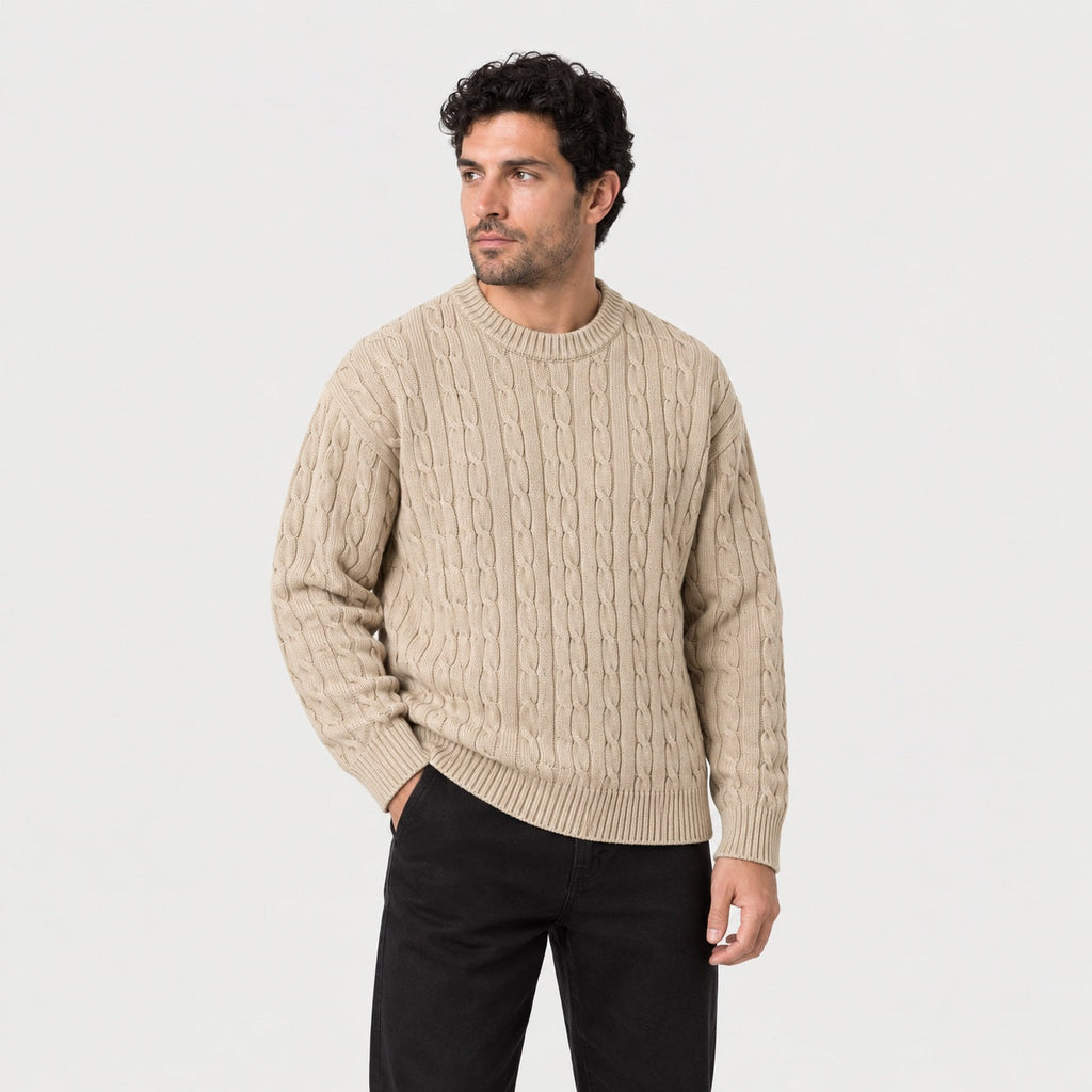 Men's cable knit crew neck jumper in Sand | Oddington – side view