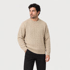 Men's cable knit crew neck jumper in Sand | Oddington – side view