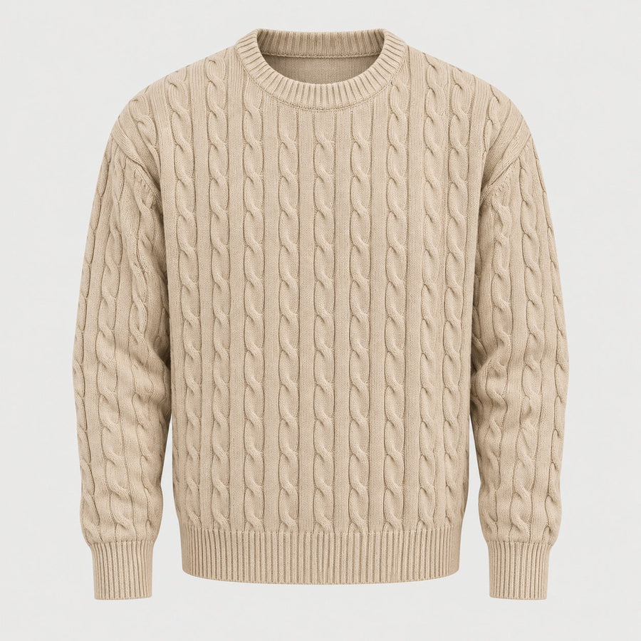 Men's cable knit crew neck jumper in Sand | Oddington – front view