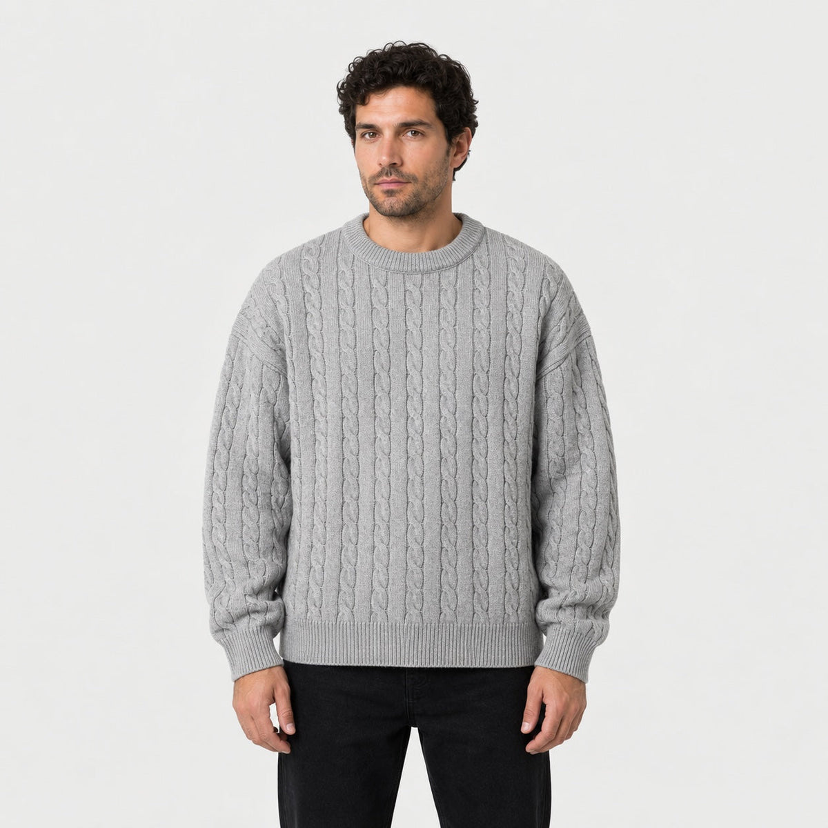 Men's cable knit crew neck jumper in Light Grey | Oddington – front view