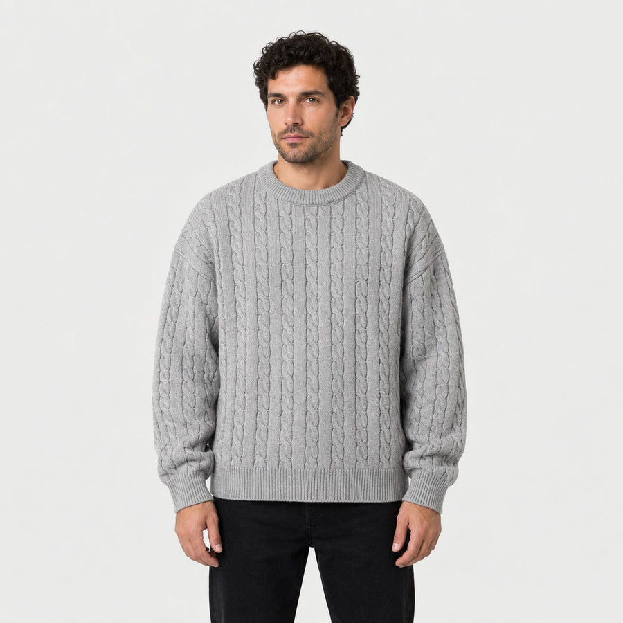 Men's cable knit crew neck jumper in Light Grey | Oddington – front view