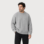 Men's cable knit crew neck jumper in Light Grey | Oddington – side view