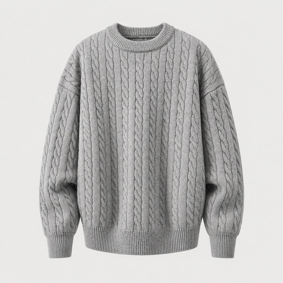 Men's cable knit crew neck jumper in Light Grey | Oddington – front view