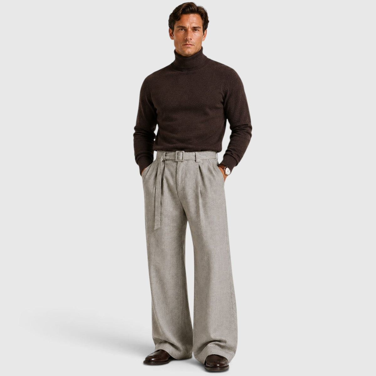 Men's lightweight pleated straight-leg tailored trousers