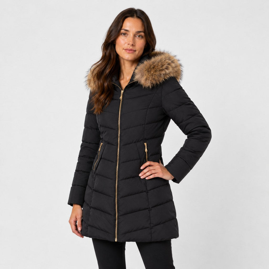 Women's fitted puffer coat in Black | Collyweston – side view