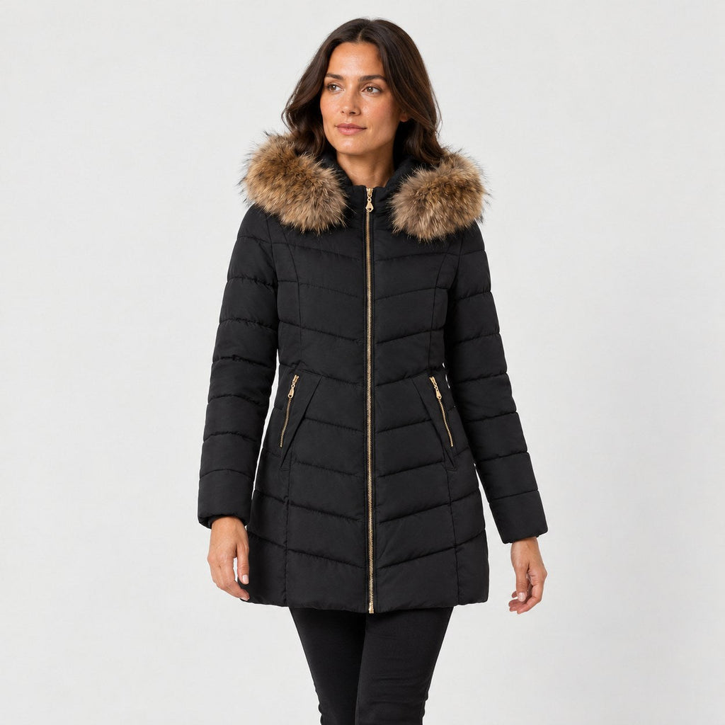 Women's fitted puffer coat in Black | Collyweston – front view