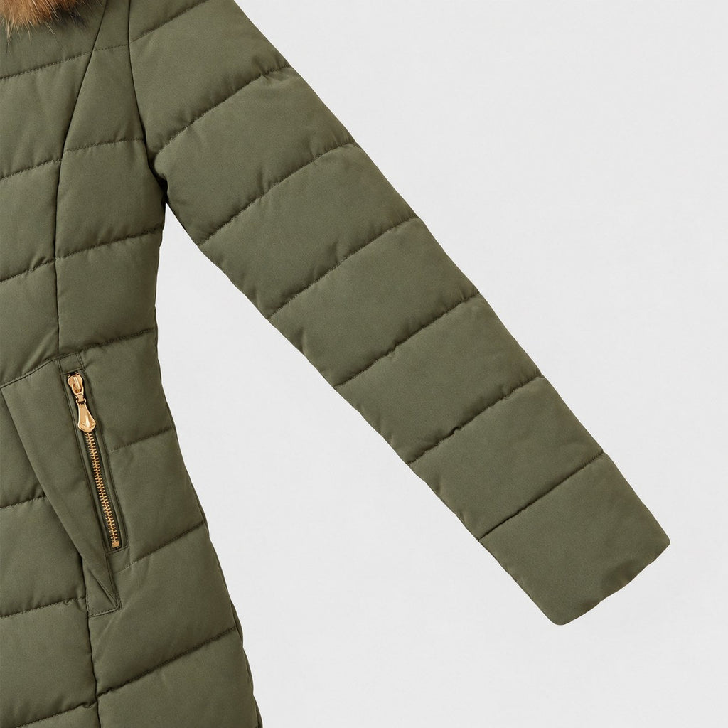 Women's fitted puffer coat in Olive | Collyweston – detail view