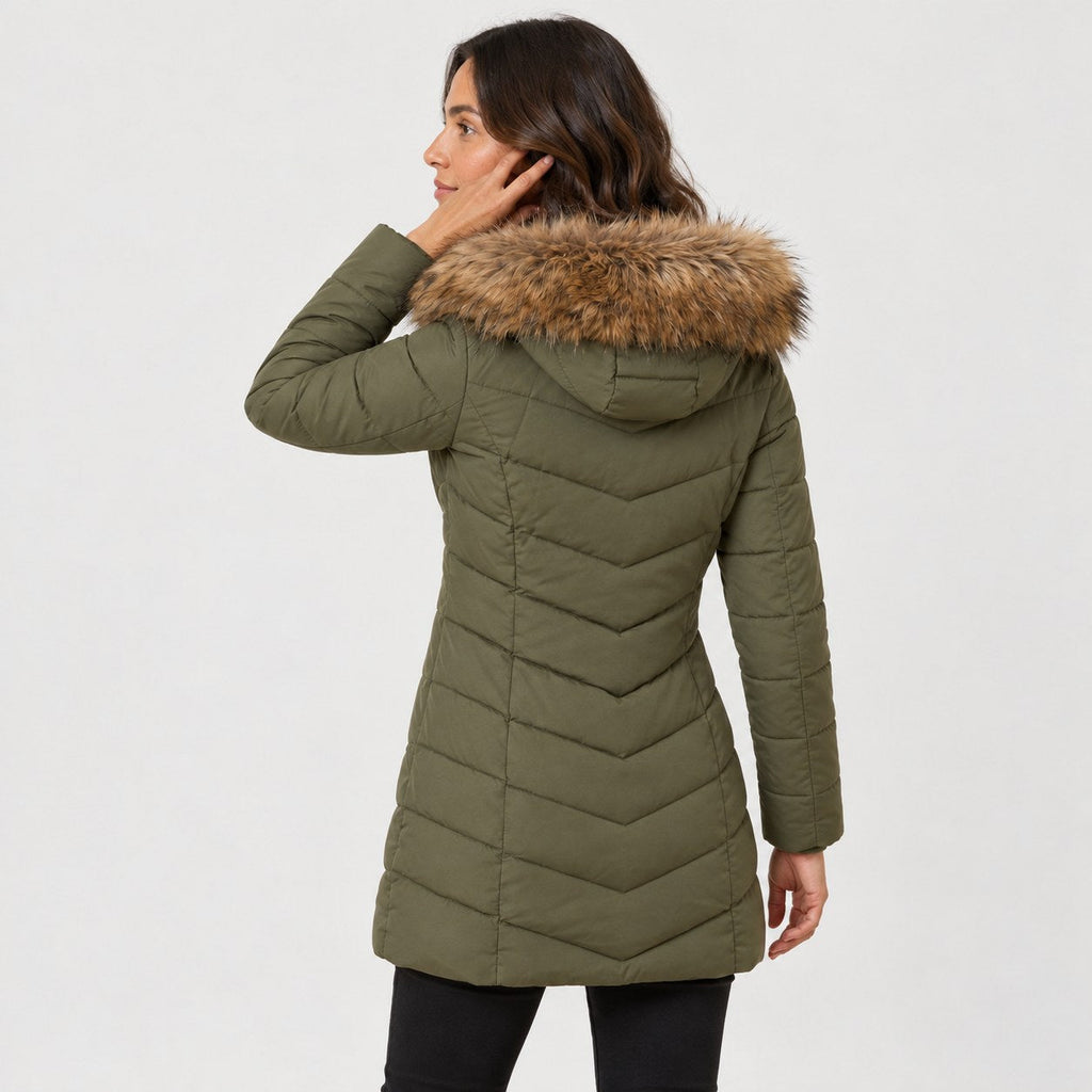 Women's fitted puffer coat in Olive | Collyweston – back view