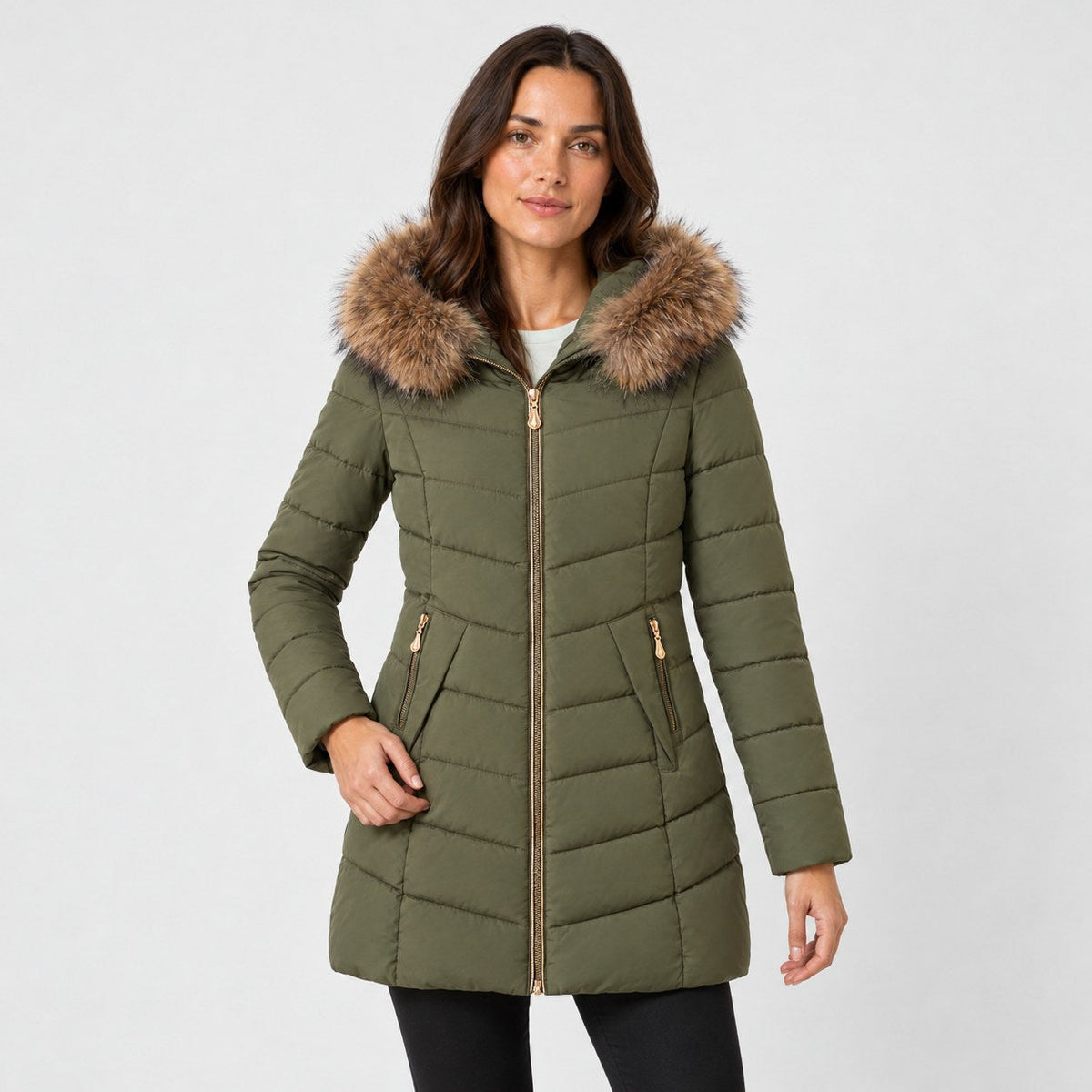 Women's fitted puffer coat in Olive | Collyweston – front view
