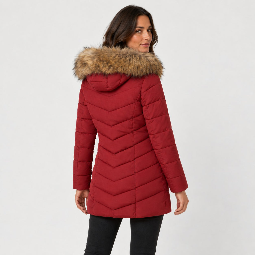 Women's fitted puffer coat in Red | Collyweston – back view