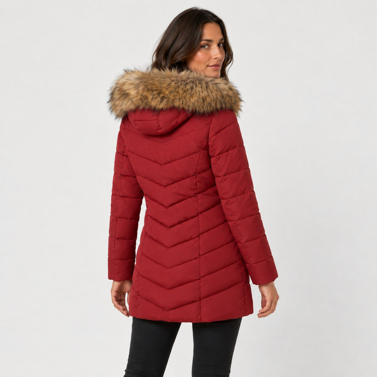 Women's fitted puffer coat in Red | Collyweston – back view