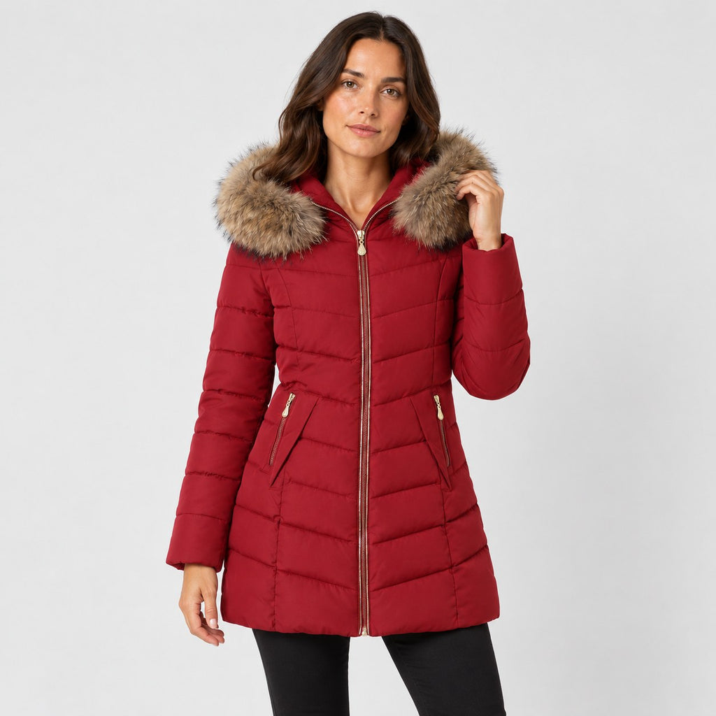 Women's fitted puffer coat in Red | Collyweston – front view