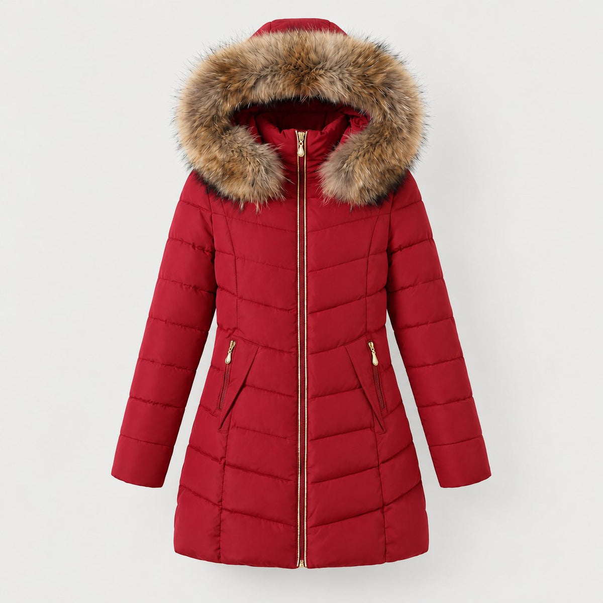 Women's fitted puffer coat in Red | Collyweston – front view