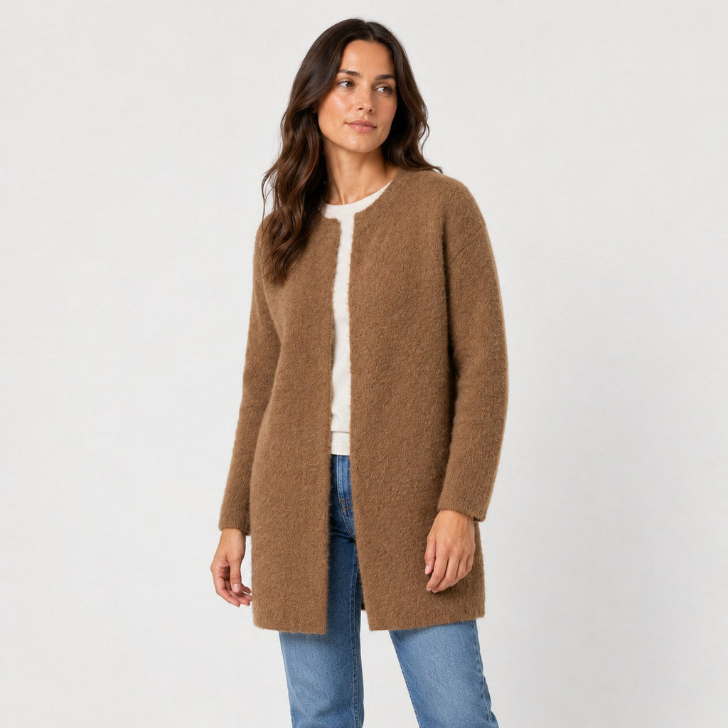 Women's longline cardigan in Camel | Bewcastle – side view