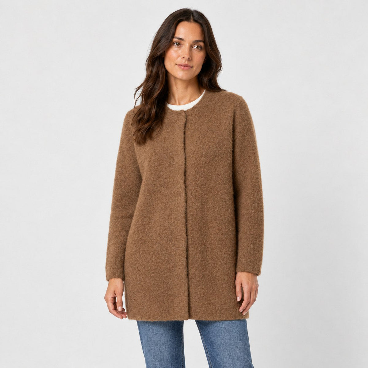 Women's longline cardigan in Camel | Bewcastle – front view