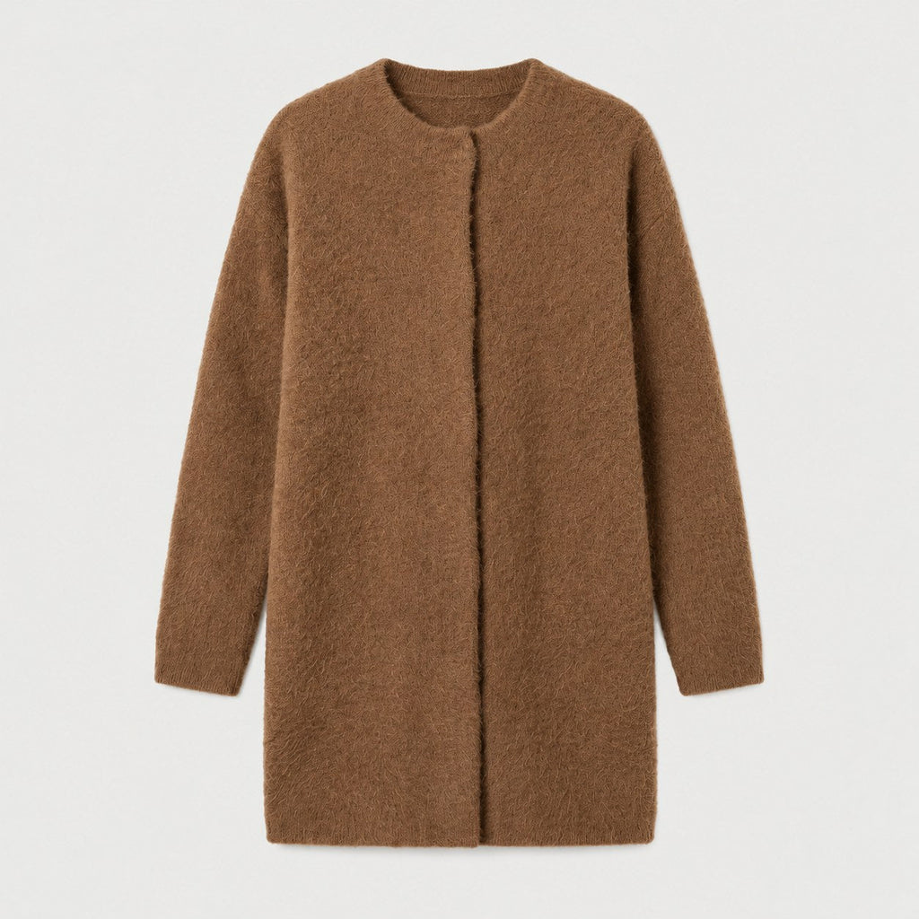 Women's longline cardigan in Camel | Bewcastle – front view