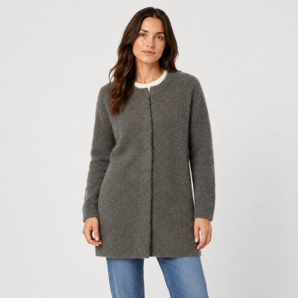 Women's longline cardigan in Charcoal | Bewcastle – front view