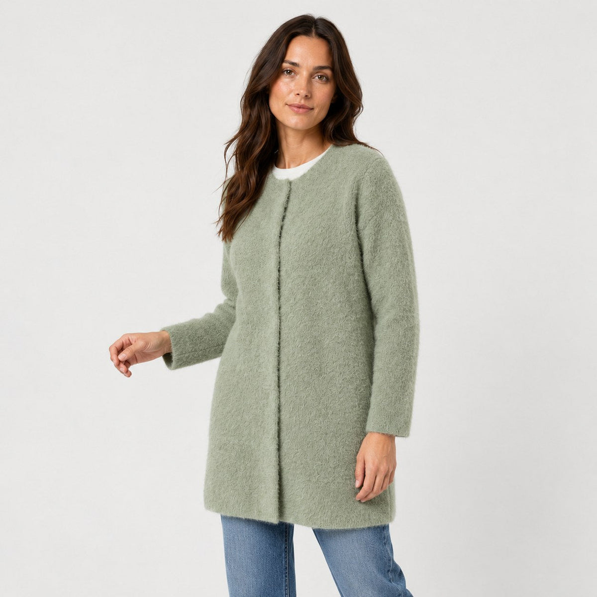 Women's longline cardigan in Sage Green | Bewcastle – side view