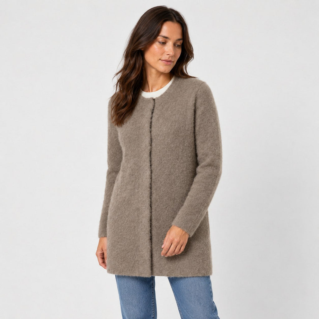 Women's longline cardigan in Taupe | Bewcastle – side view