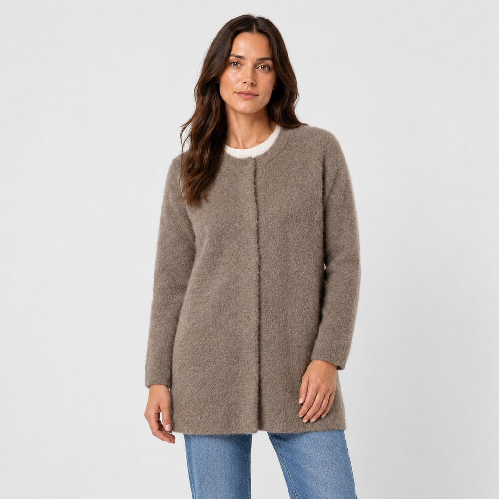 Women's longline cardigan in Taupe | Bewcastle – front view