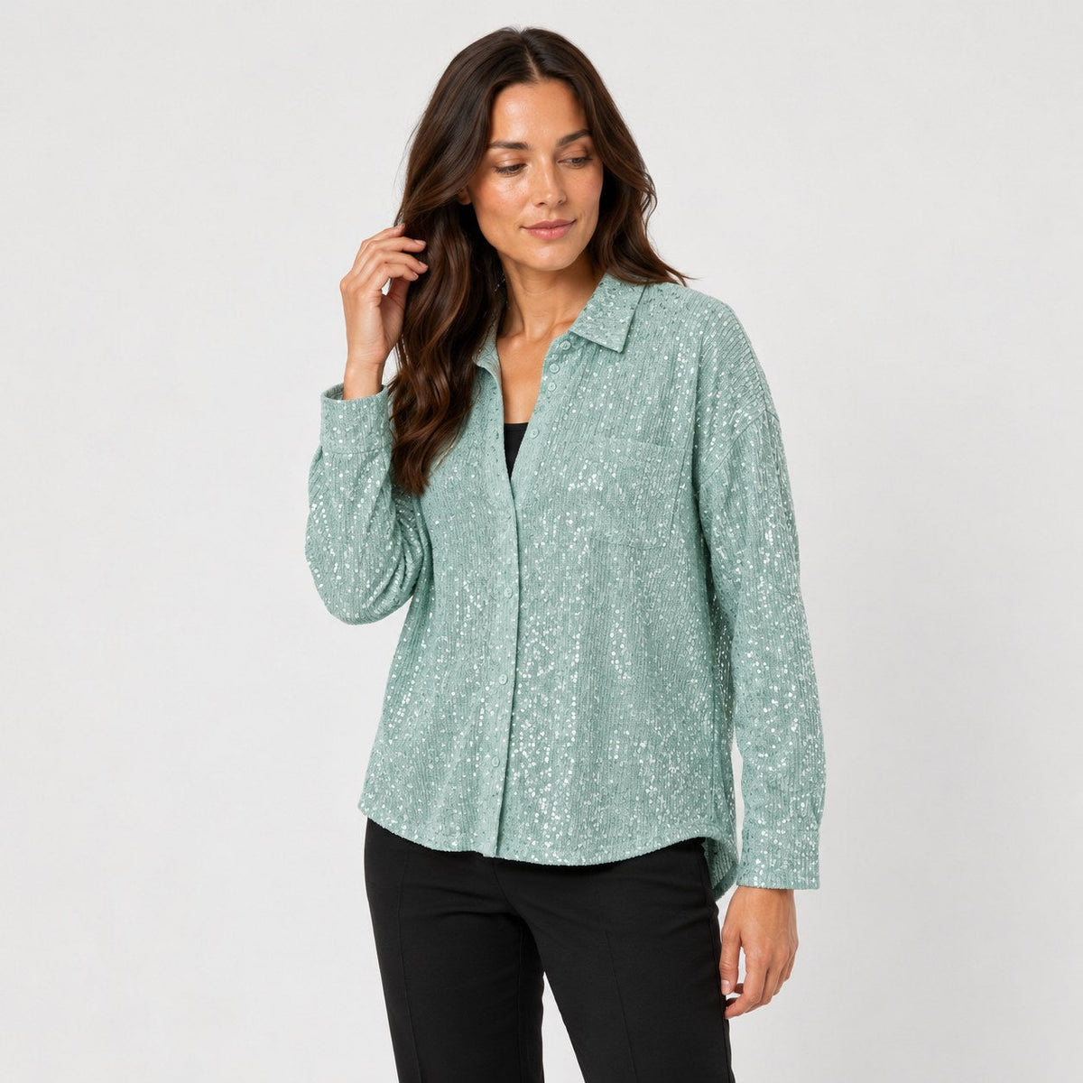 Women's sequin shirt in Mint Green | Fritton – side view