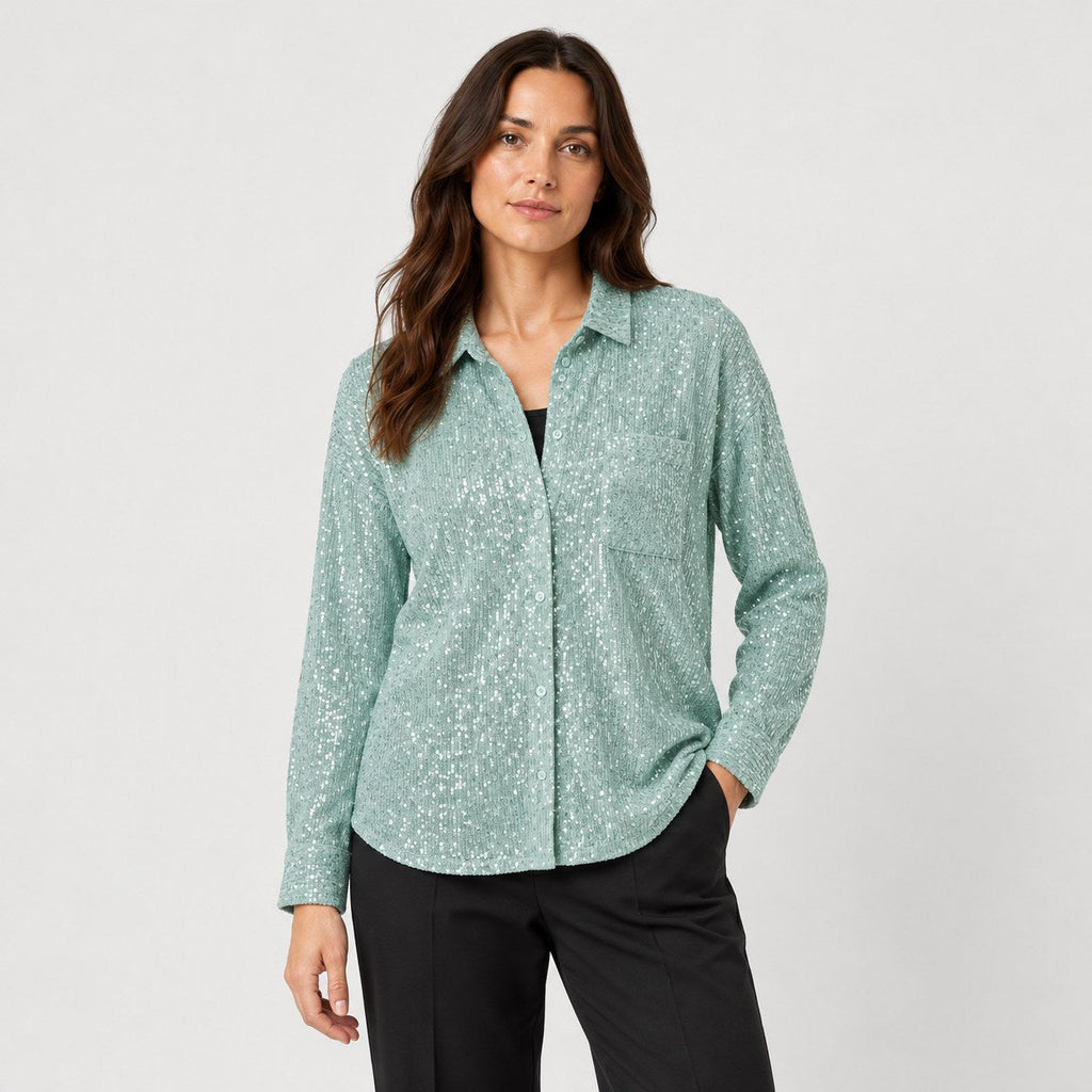 Women's sequin shirt in Mint Green | Fritton – front view