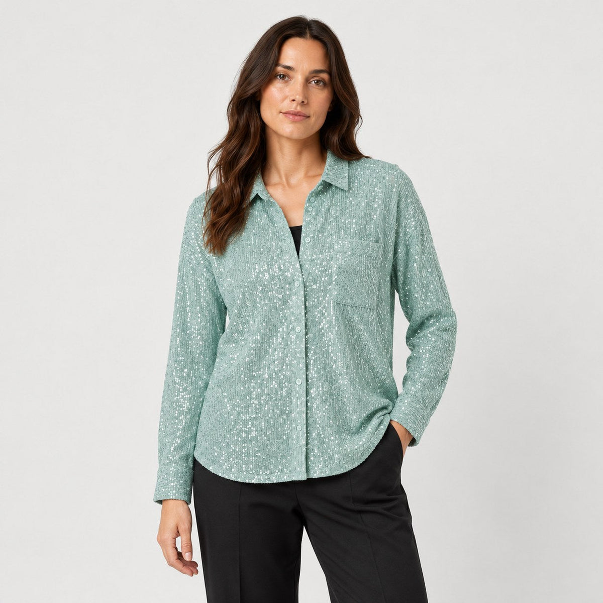 Women's sequin shirt in Mint Green | Fritton – front view
