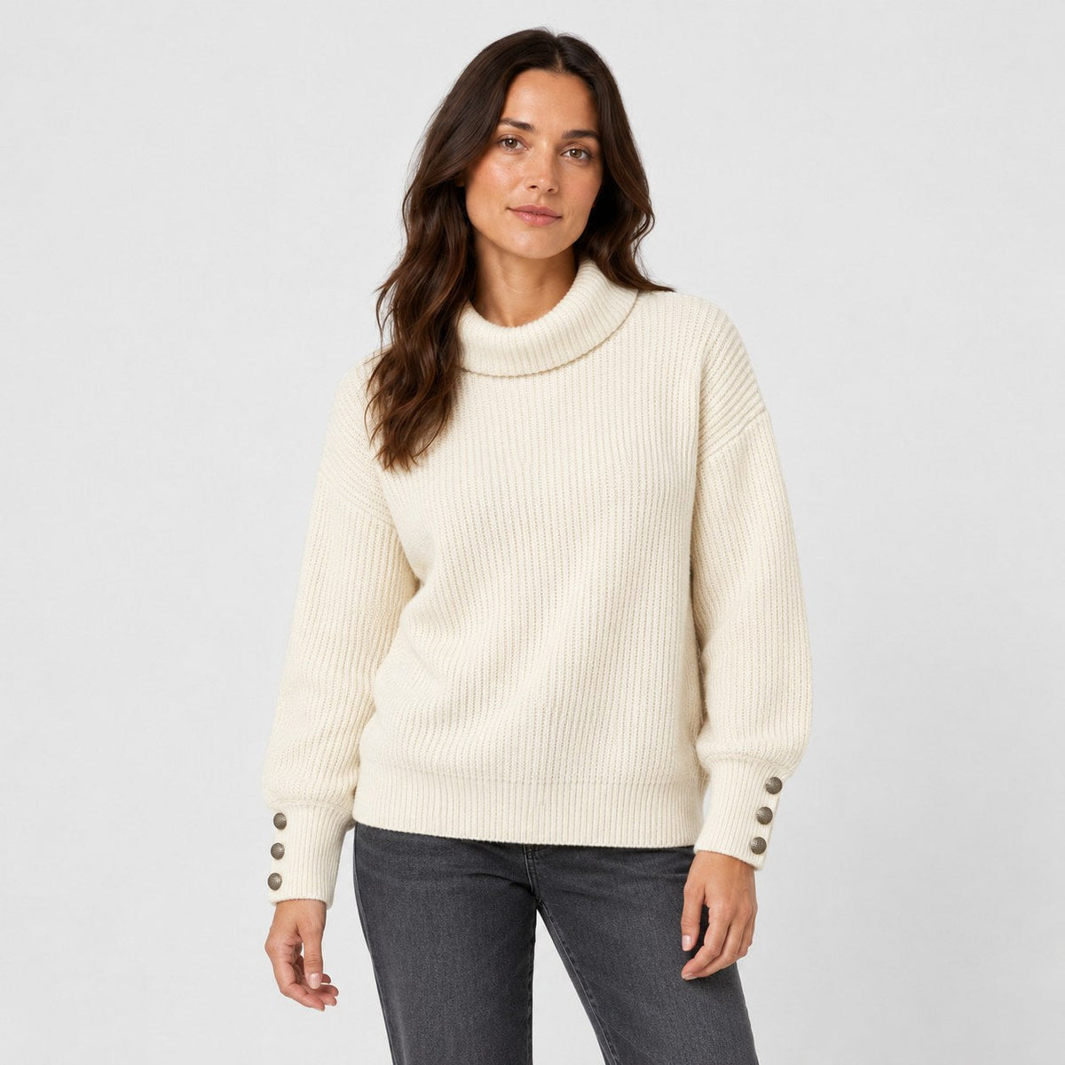 Women's ribbed roll neck jumper in Cream | Hemyock – front view