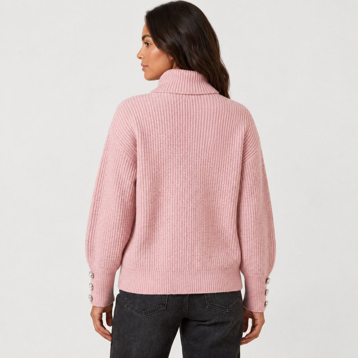 Women's ribbed roll neck jumper in Pink | Hemyock – back view
