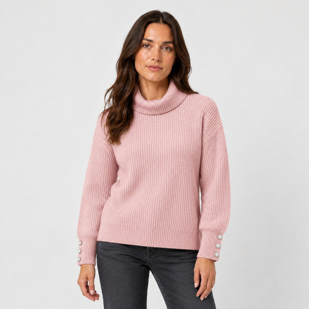 Women's ribbed roll neck jumper in Pink | Hemyock – front view