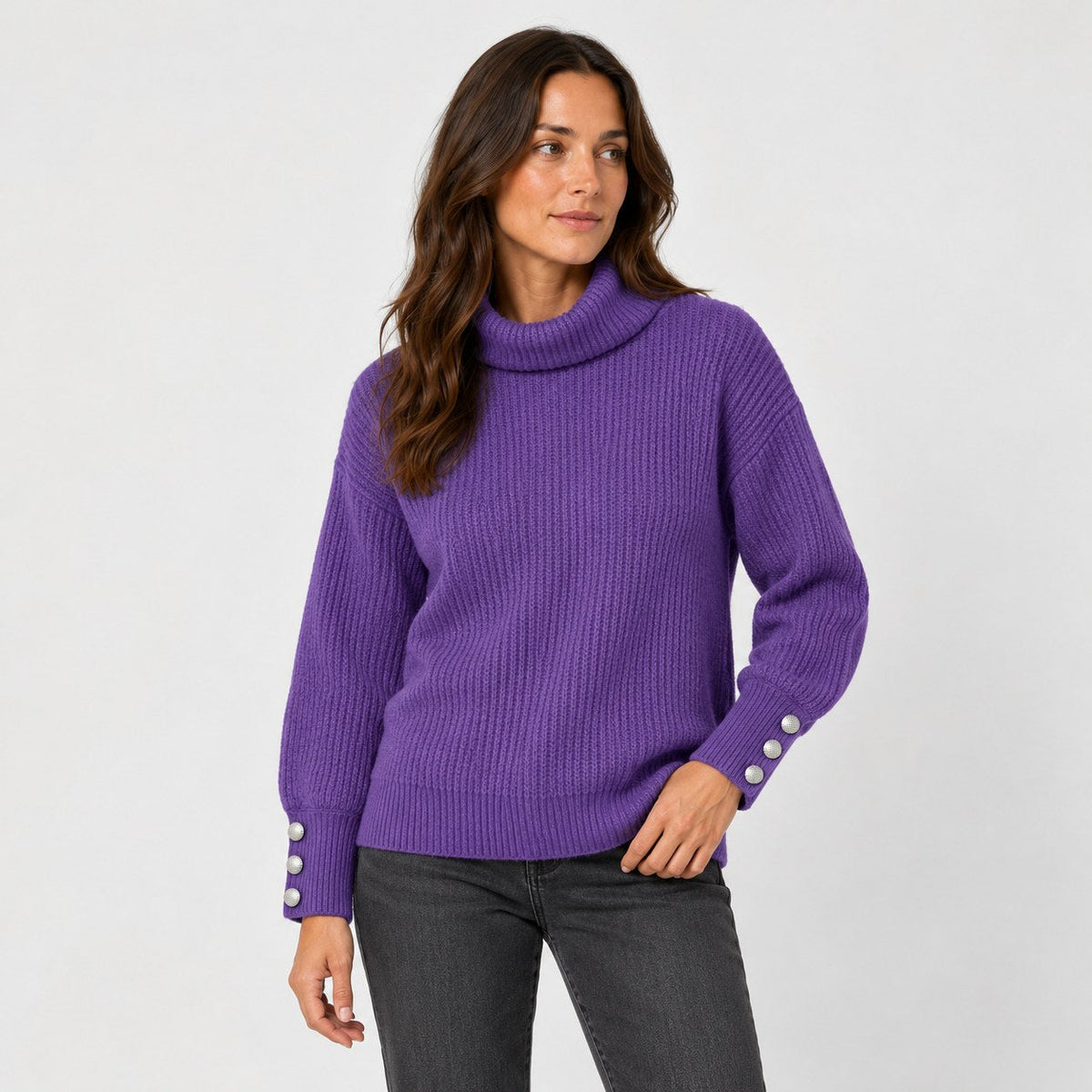 Women's ribbed roll neck jumper in Purple | Hemyock – front view