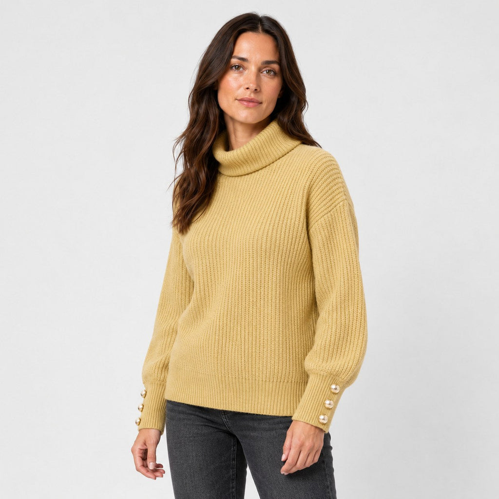 Women's ribbed roll neck jumper in Mustard | Hemyock – side view