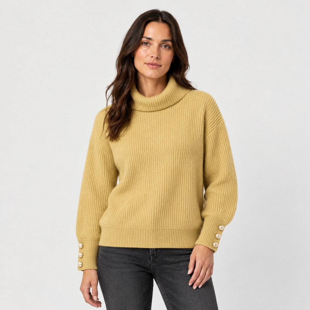 Women's ribbed roll neck jumper in Mustard | Hemyock – front view