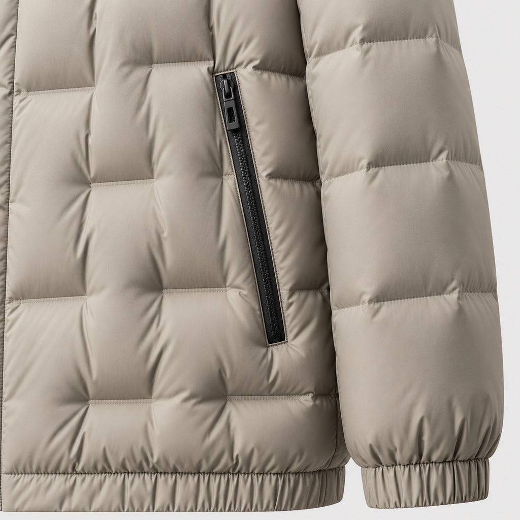 Men's block quilted puffer jacket in Beige | Pitchcombe – detail view