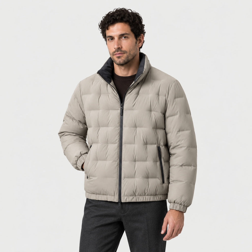 Men's block quilted puffer jacket in Beige | Pitchcombe – front view