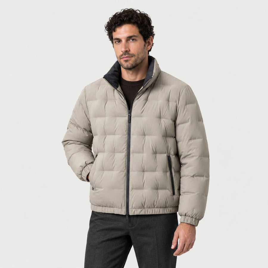 Men's block quilted puffer jacket in Beige | Pitchcombe – front view