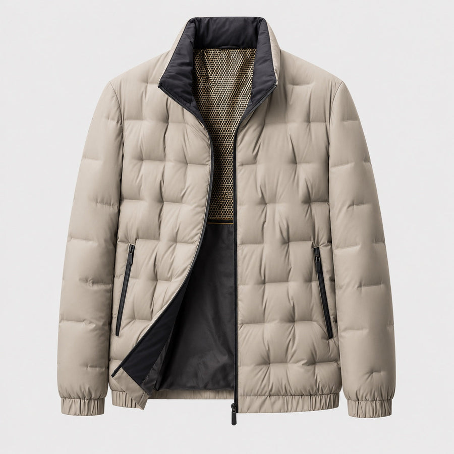 Men's block quilted puffer jacket in Beige | Pitchcombe – front view