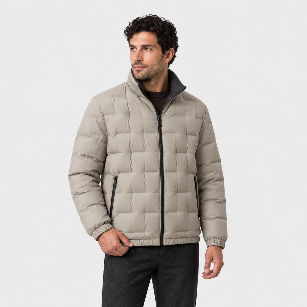 Men's block quilted puffer jacket in Beige | Pitchcombe – side view