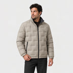 Men's block quilted puffer jacket in Beige | Pitchcombe – side view