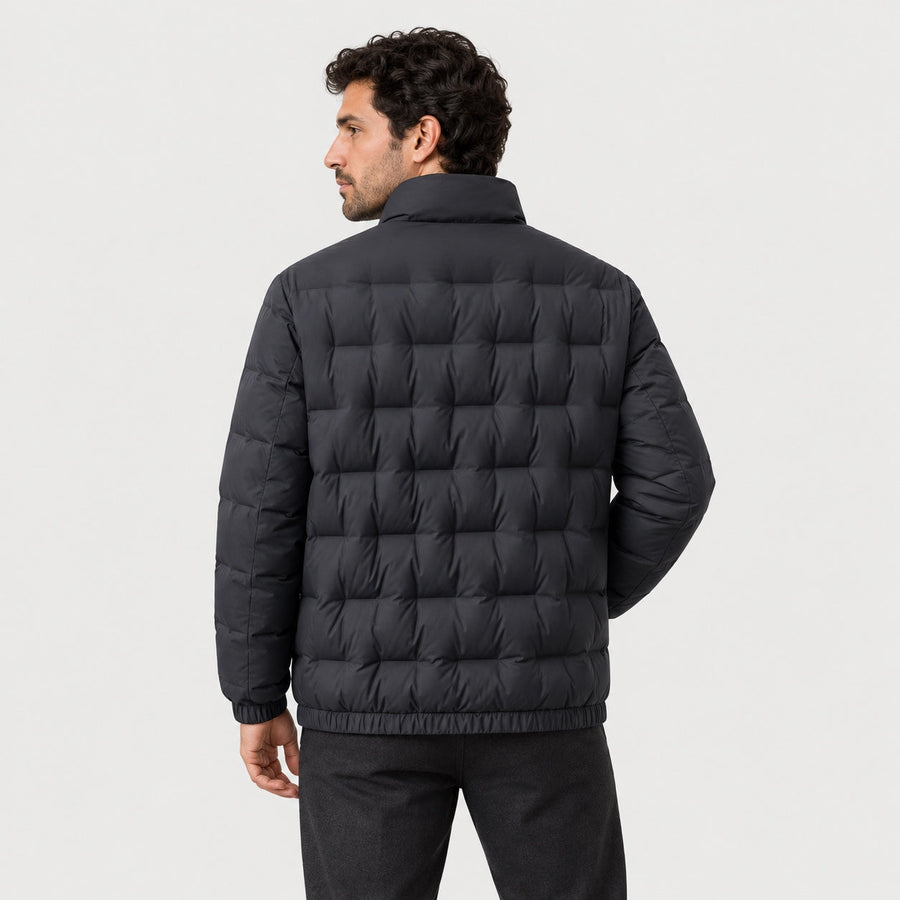 Men's block quilted puffer jacket in Black | Pitchcombe – back view