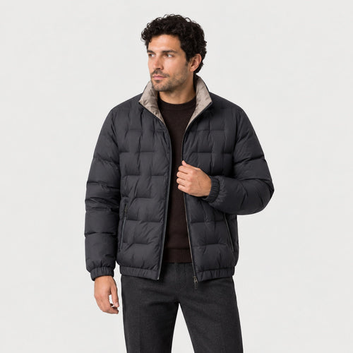 Men's block quilted puffer jacket in Black | Pitchcombe – front view